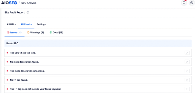 AISEO - Probleme nach allen Prüfungen anzeigen