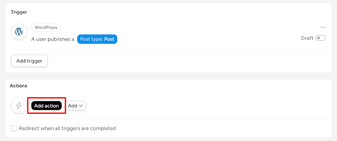 Clicking the Add action button