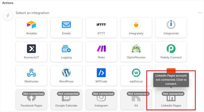Select LinkedIn as action