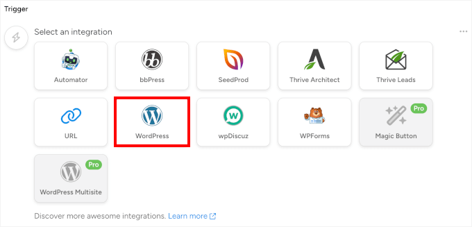 Choosing WordPress as the trigger