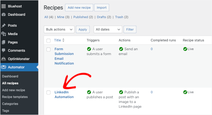 LinkedIn Automation in the list of all Uncanny Automator recipes