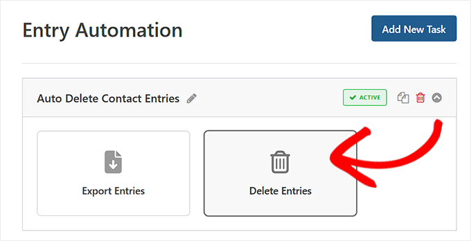 Choose Delete Entries as task type in WPForms Choose Delete Entries as task type in WPForms
