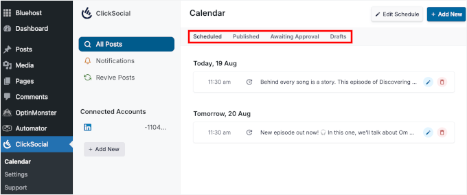 ClickSocial's post calendar