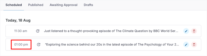 Custom time added to the Scheduled table