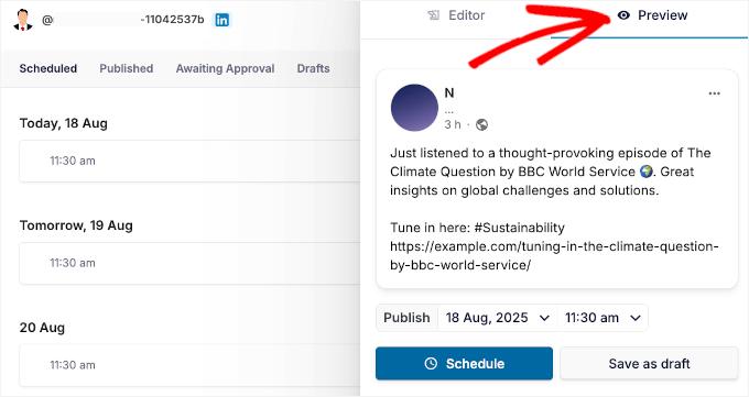Previewing scheduled LinkedIn post