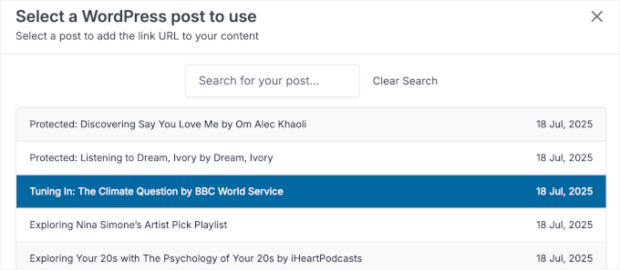 Selecting a WordPress post