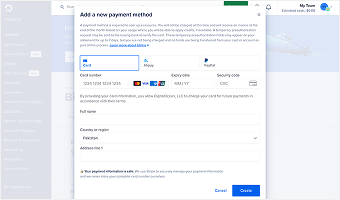 DigitalOcean Payment Method and Billing Details