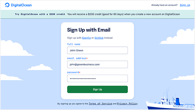 DigitalOcean Sign Up Page