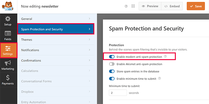 Enable modern anti-spam protection in WPForms