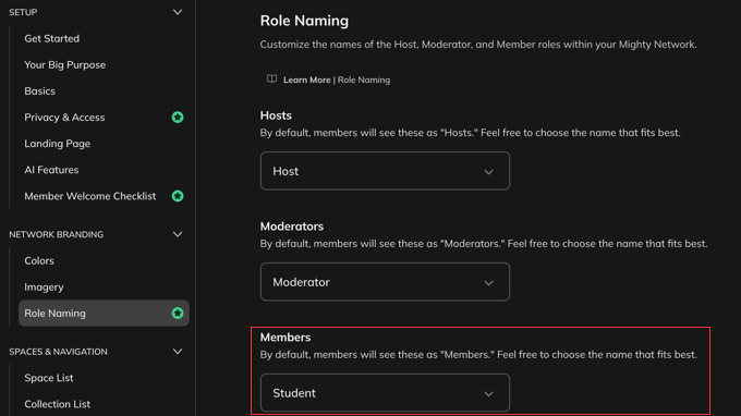 Customizing Roles in Mighty Networks