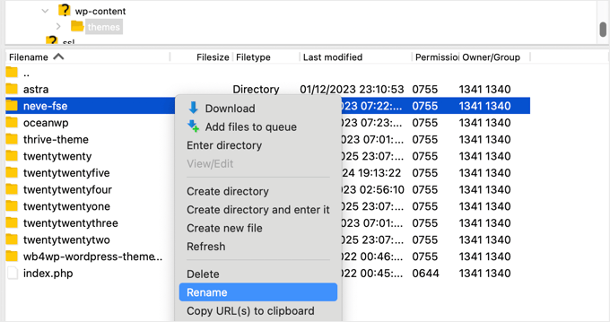 Utilizzare FTP per rinominare la cartella del tema corrente