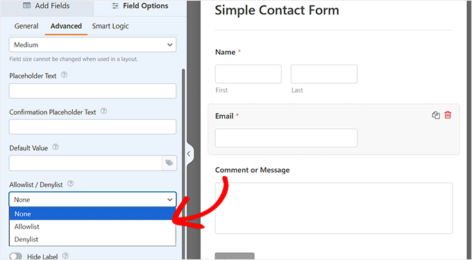 Scroll down to the Allowlist/Denylist option in WPForms Scroll down to the Allowlist/Denylist option in WPForms