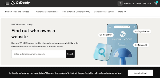 Searching the WHOis database using GoDaddy 