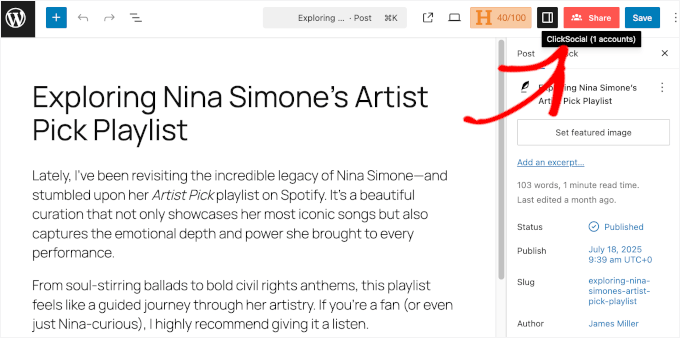 ClickSocial's Share button in the content editor