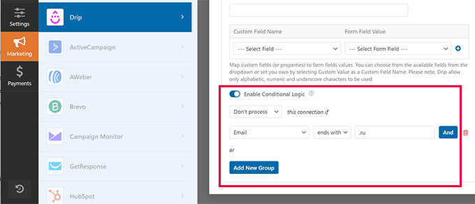 Block form entry processing with conditional logic