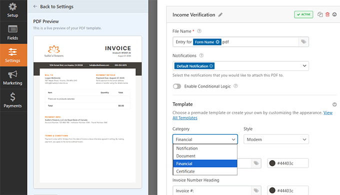 Anpassen einer PDF-Vorlage im WPForms-Builder