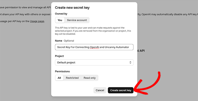 Add a name and create your secret key in OpenAI Add a name and create your secret key in OpenAI