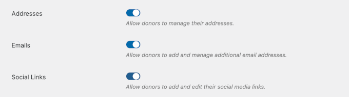 Address, email, and social links options in Donor Dashboard Address, email, and social links options in Donor Dashboard