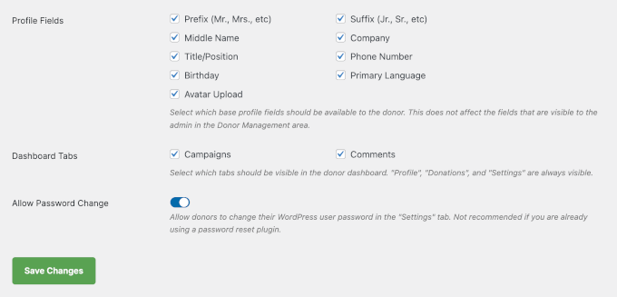 Profile, Overview, and Password options in Donor Dashboard Profile, Overview, and Password options in Donor Dashboard