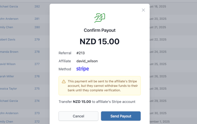 AffiliateWP send payout