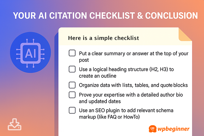Gratis utskrivbar checklista för optimering av AI-citat för innehållsskapare Gratis utskrivbar checklista för optimering av AI-citat för innehållsskapare