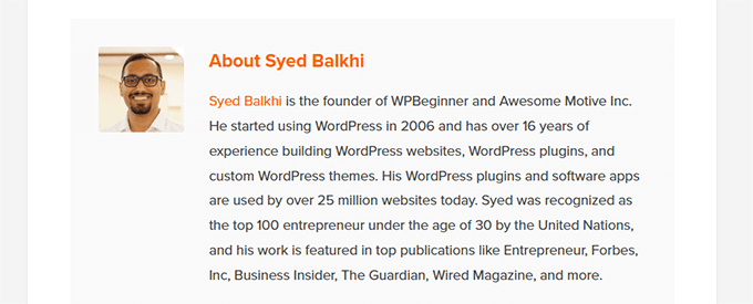 WPBeginner-blogg som visar författarens biografi WPBeginner-blogg som visar författarens biografi