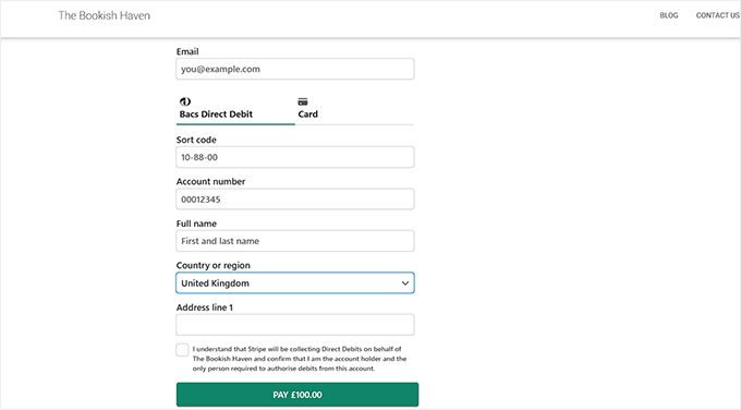 Bacs Direct Debit payment form on existing WordPress page