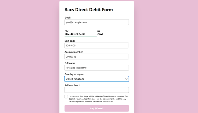 Bacs Direct Debit payment form preview in WP Simple Pay