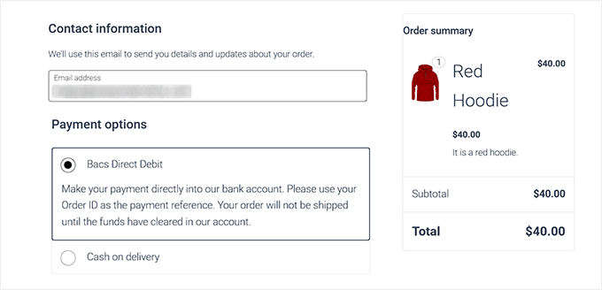 Bacs direct debit shown as a payment option in WooCommerce