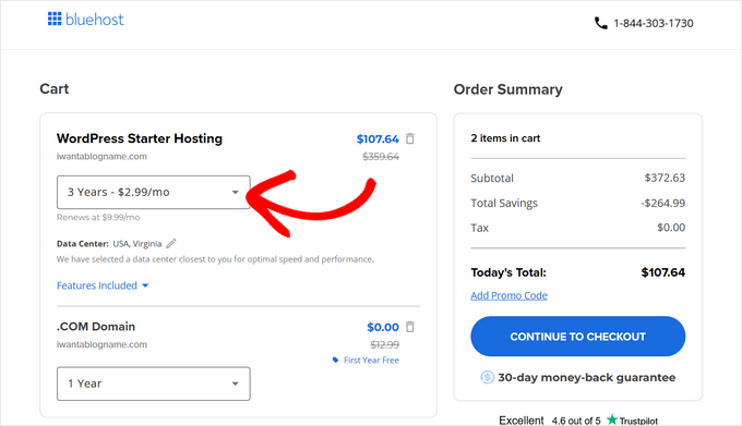 Choose the 3-year Bluehost plan for the best value