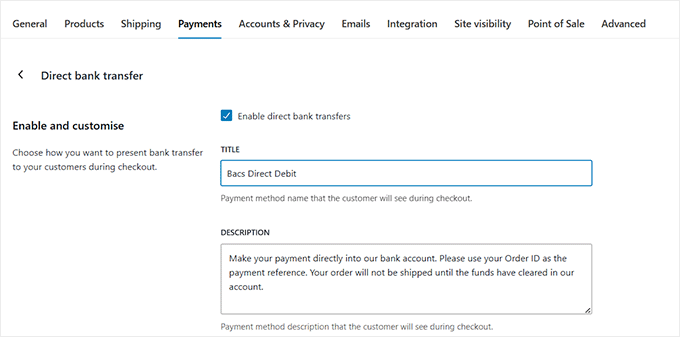 Change title and description for direct bank transfer in WooCommerce