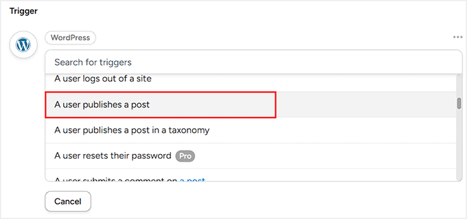 Choose a User publishes a post as the trigger type in Uncanny Automator Choose a User publishes a post as the trigger type in Uncanny Automator