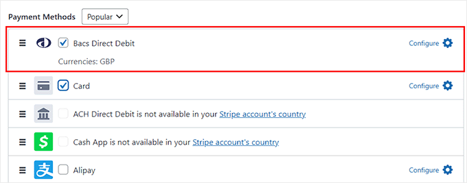 Choose Bacs direct debit as a payment option in WP Simple Pay