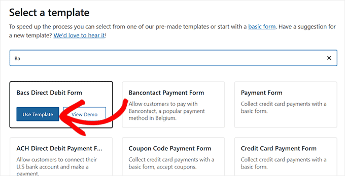 Choose the Bacs Direct Debit form template in WP Simple Pay