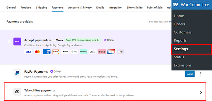 Choose offline payments option in WooCommerce