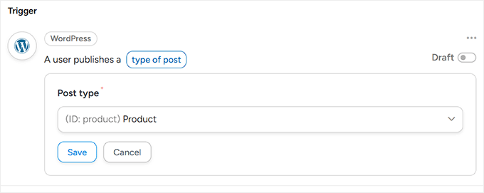 Choose product as the post type for the trigger in Uncanny Automator Choose product as the post type for the trigger in Uncanny Automator