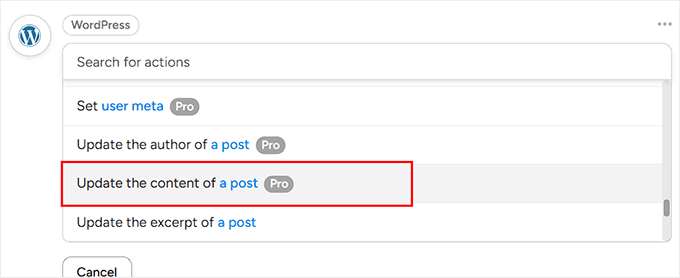Choose to update the content of a post as WordPress action Choose to update the content of a post as WordPress action