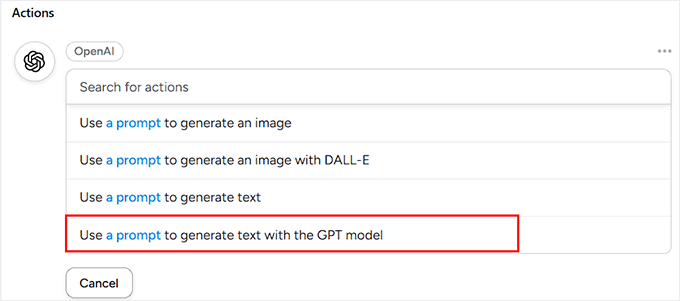 Choose 'Use a prompt to generate text with the GPT model' as the action type Choose 'Use a prompt to generate text with the GPT model' as the action type