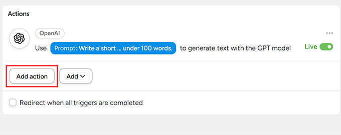 Click Add action button in Uncanny Automator Click Add action button in Uncanny Automator
