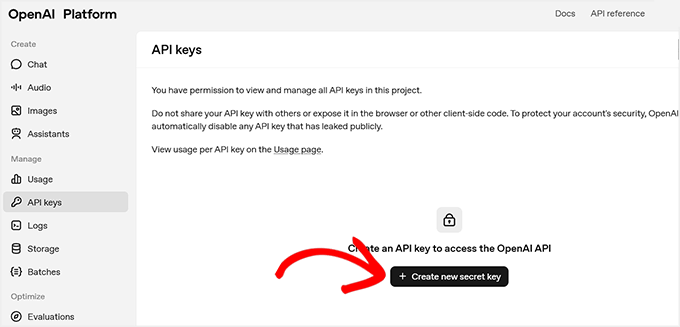 Click the + Create new secret key on the OpenAI website Click the + Create new secret key on the OpenAI website