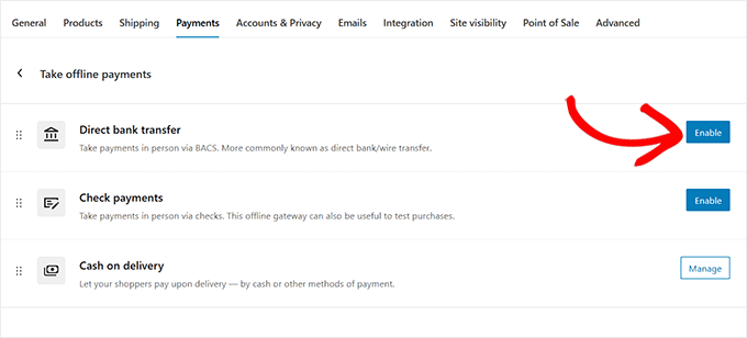 Click Enable next to direct bank transfer in WooCommerce
