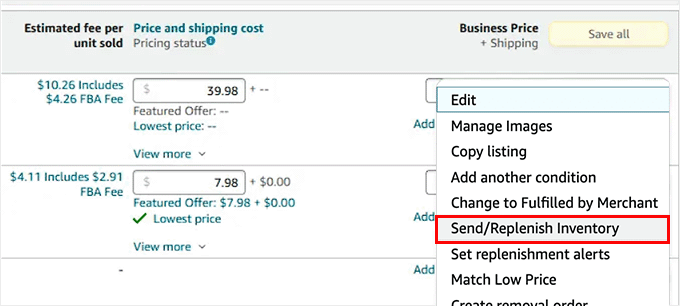 Fai clic sul pulsante Invia/Rifornisci inventario