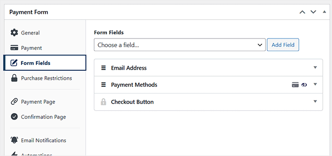 Configure form fields for Bacs direct debit payment form