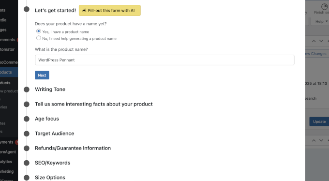 StoreAgent AI product description form