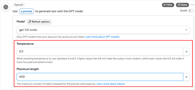 Configure temperature and maximum length in Uncanny Automator Configure temperature and maximum length in Uncanny Automator
