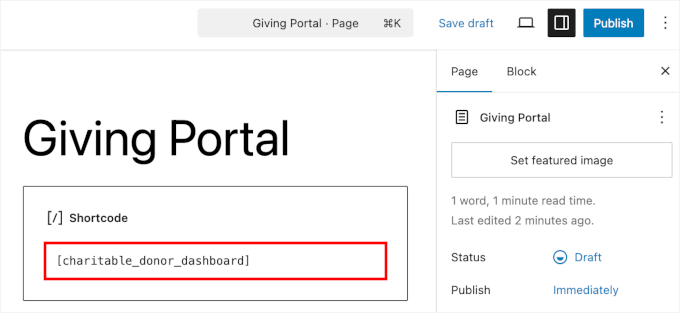 Adding the Charitable donor dashboard shortcode Adding the Charitable donor dashboard shortcode