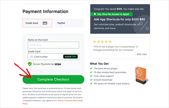 Dettagli di pagamento di Formidable Forms