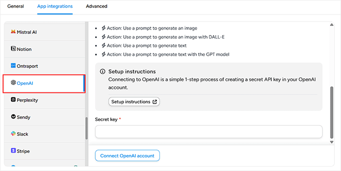 Go to App Integrations and select OpenAI in Uncanny Automator Go to App Integrations and select OpenAI in Uncanny Automator