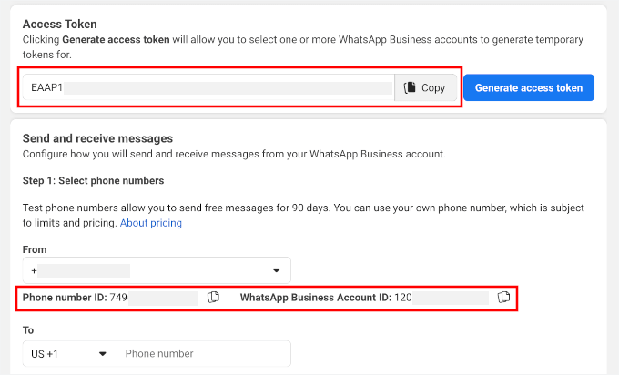 Copier le jeton d'accès, l'ID WA et l'ID du numéro de téléphone