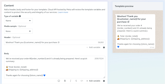 Personnaliser le contenu du message de nouvelle commande